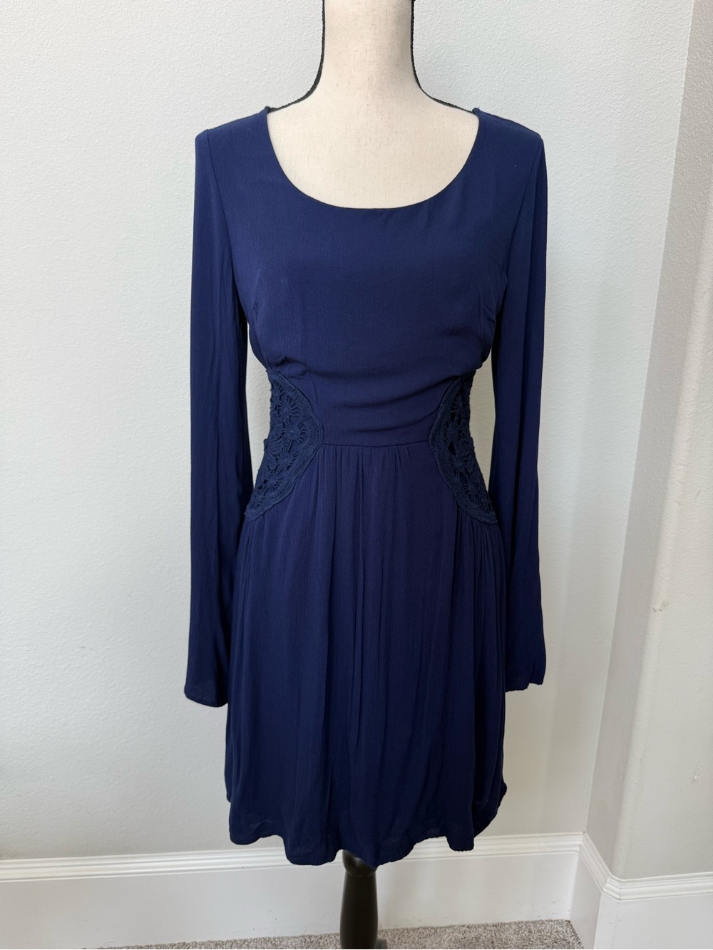Navy Long-Sleeve Crochet Detail Scoop Neck Dress
